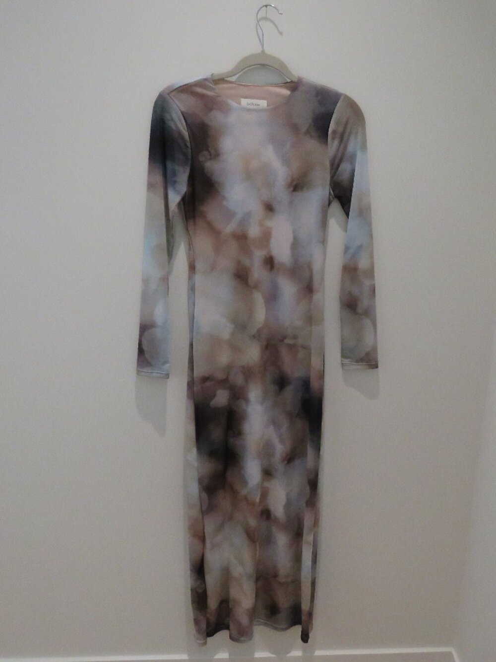 BOHME Jamie Watercolor Bodycon Mesh Maxi Dress XS Neutral Minimalist Abstract - Picture 2 of 15